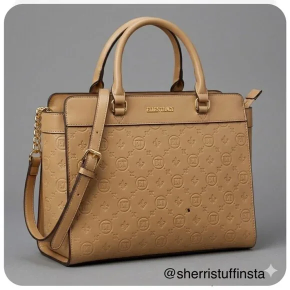 Ellen Tracy Monogram Signature Collection Double Handle Satchel Tan Faux Leather - Picture 1 of 16